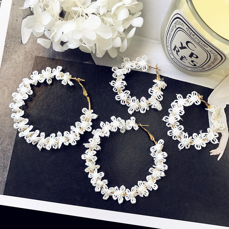 White Flower Lace Hoop Earrings