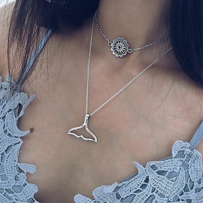 Silver Flower Double Layer Choker Necklace