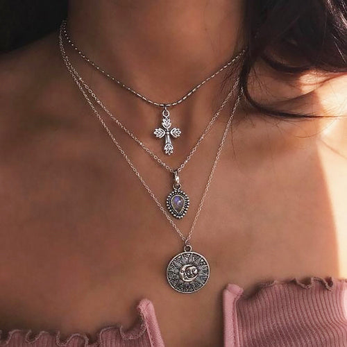 Crystal Silver Multi-layers Cross Moon Pendant