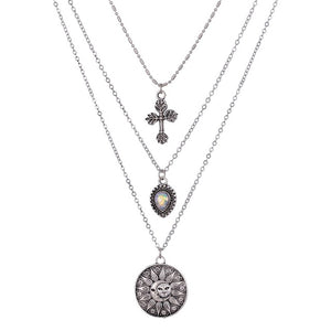 Crystal Silver Multi-layers Cross Moon Pendant